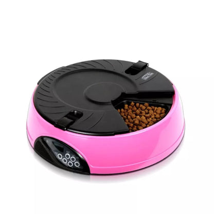 Automatic pet feeder with 6 food storage slots and voice recording feature