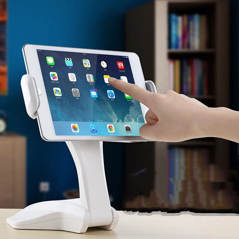 White universal tablet stand with adjustable metal clip for 7-15 inch devices