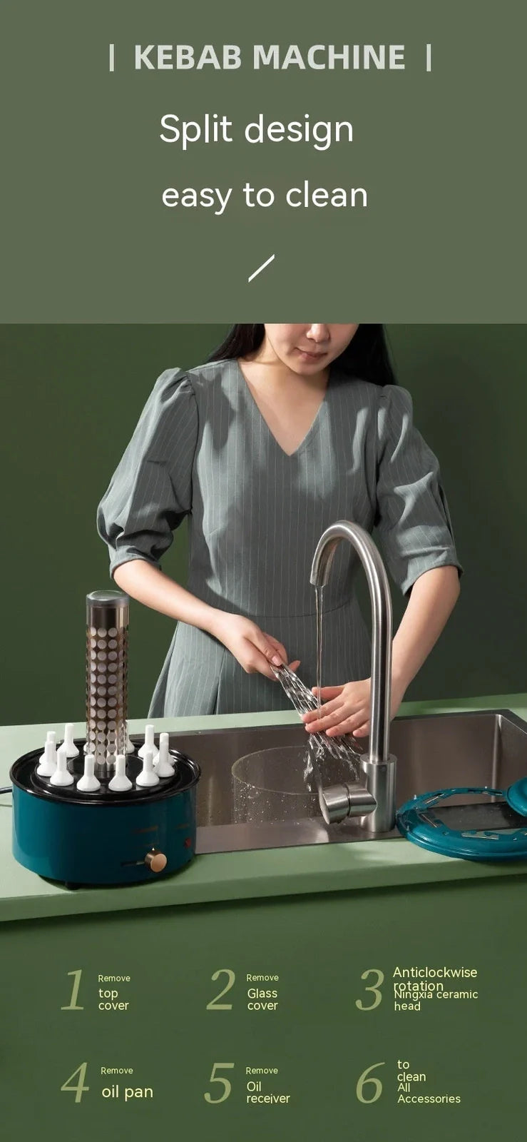 Blue automatic skewers machine with ceramic heating element and built-in oil receiver for smoke-free indoor grilling