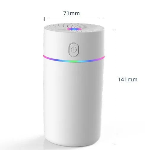Compact car USB humidifier with aromatherapy function, showing plug-in and battery models in black and white colours