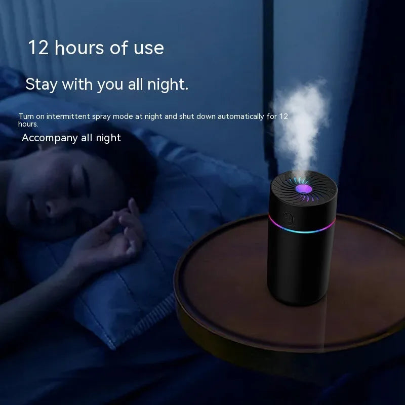 Compact car USB humidifier with aromatherapy function, showing plug-in and battery models in black and white colours