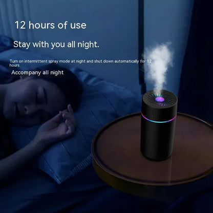Compact car USB humidifier with aromatherapy function, showing plug-in and battery models in black and white colours