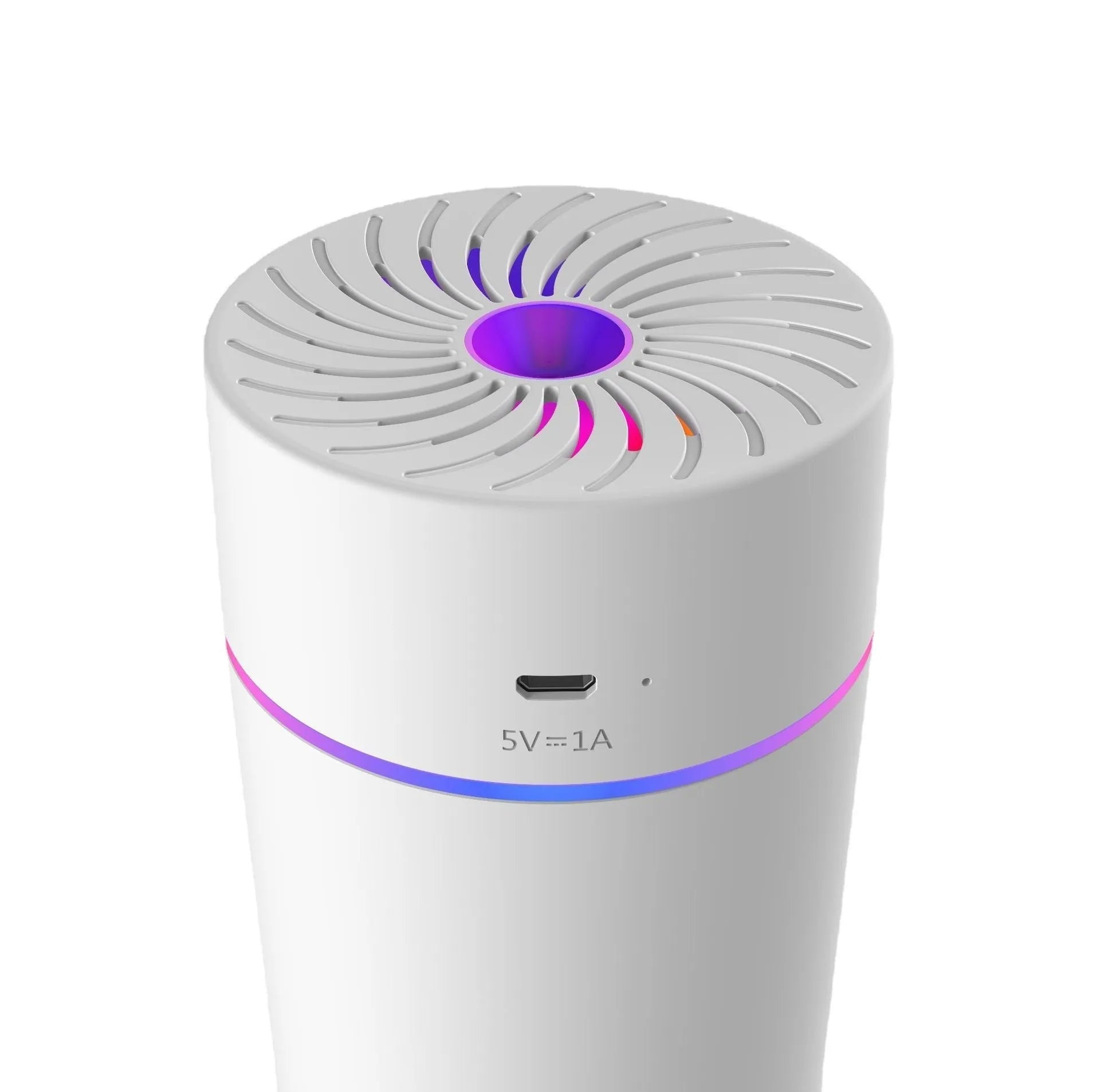 Compact car USB humidifier with aromatherapy function, showing plug-in and battery models in black and white colours
