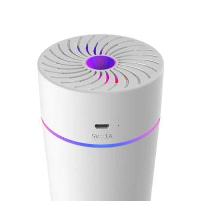 Compact car USB humidifier with aromatherapy function, showing plug-in and battery models in black and white colours