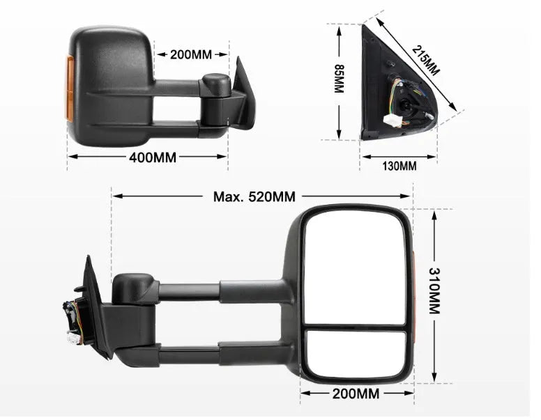 Black electric exterior rear vision mirror for Nissan NP300 D23.