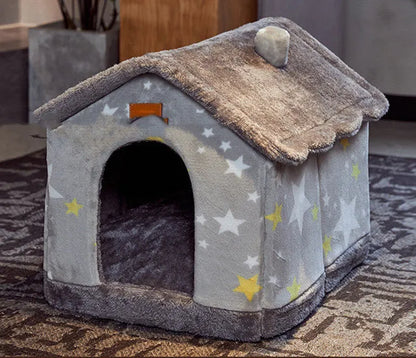 Removable washable plush pet bed house for cats and small dogs, closed yurt shape, available in brown, yellow, grey, blue and pink