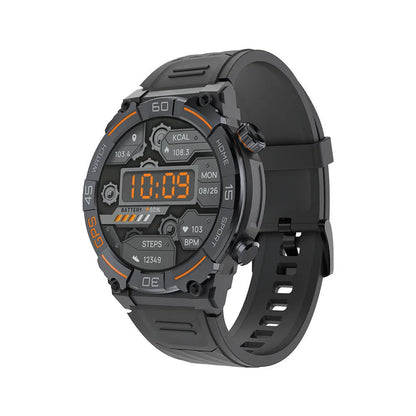 MG02 smart watch in black showing time and heart rate on its TFT touch screen.