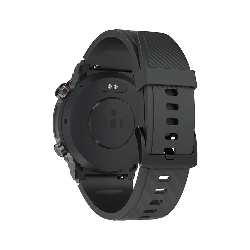 MG02 smart watch in black showing time and heart rate on its TFT touch screen.