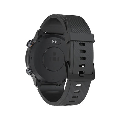 MG02 smart watch in black showing time and heart rate on its TFT touch screen.