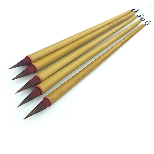 Red Chinese calligraphy brush with a 1.6cm long brush head and a 23cm wooden penholder.