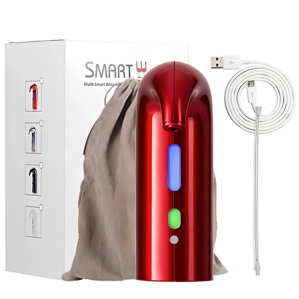 Black electronic wine aerator attached to red wine bottle, showing aeration pour in action, 24cm height device