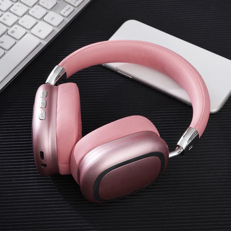 Bluetooth over-ear headset in dark black with 40mm subwoofer speaker, Type-C port, and PC ABS frame