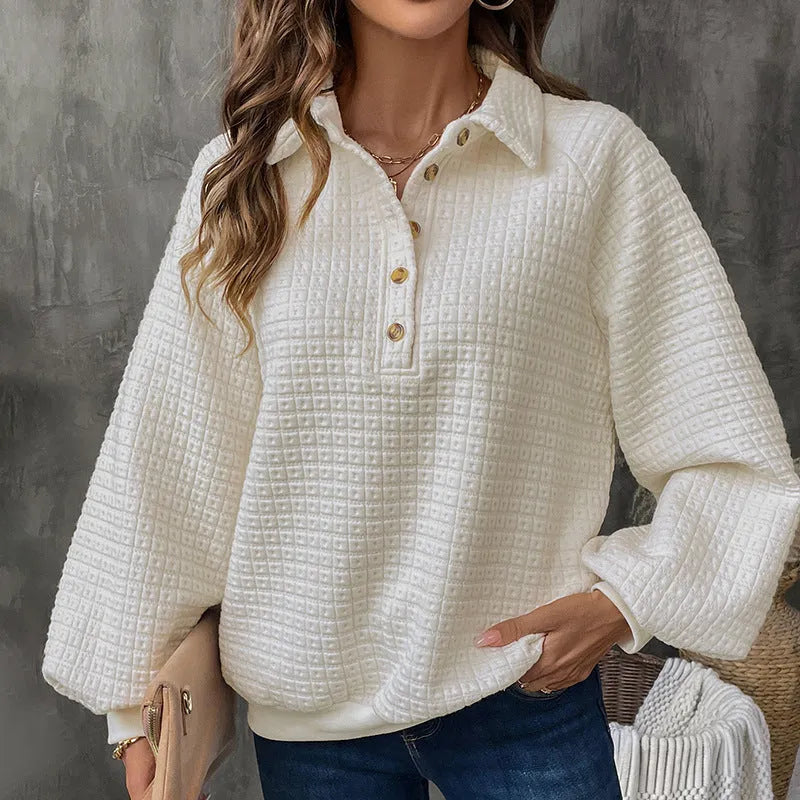 Women's texture polo collar solid colour thickened sweater in Milky White, showing long sleeves and pullover design