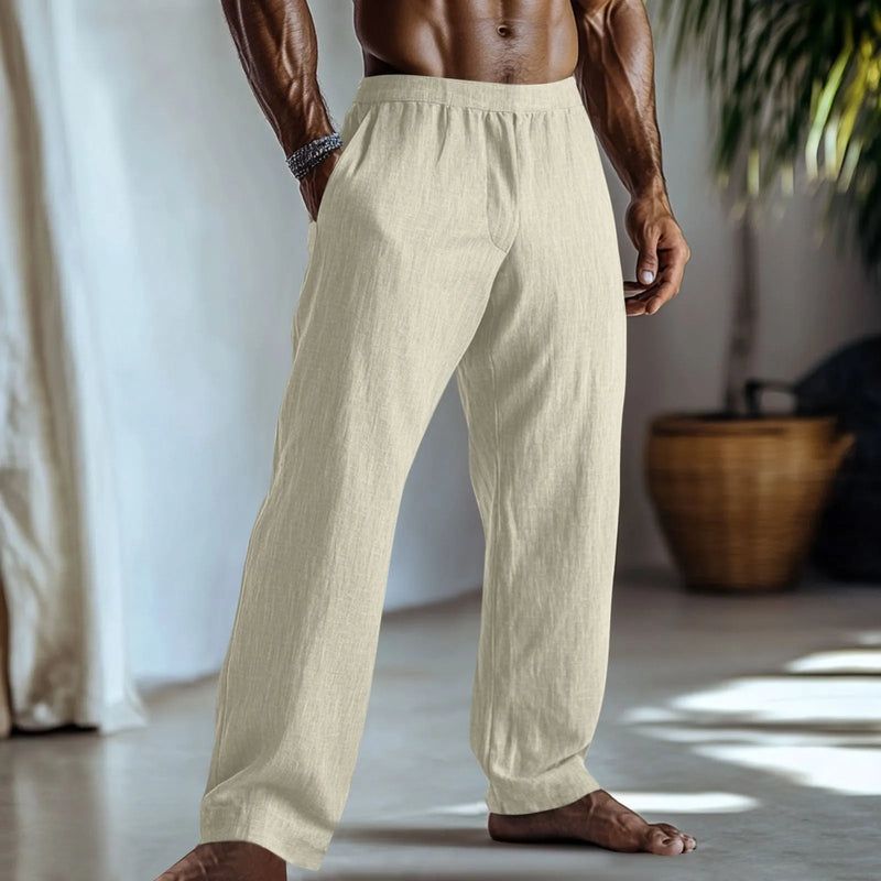 Casual straight-leg trousers in a woven cotton and linen fabric blend with straight leg opening, available in sizes S-XXL and multiple solid colours including light green, mint green, black, grey, dark blue, peacock blue and light apricot