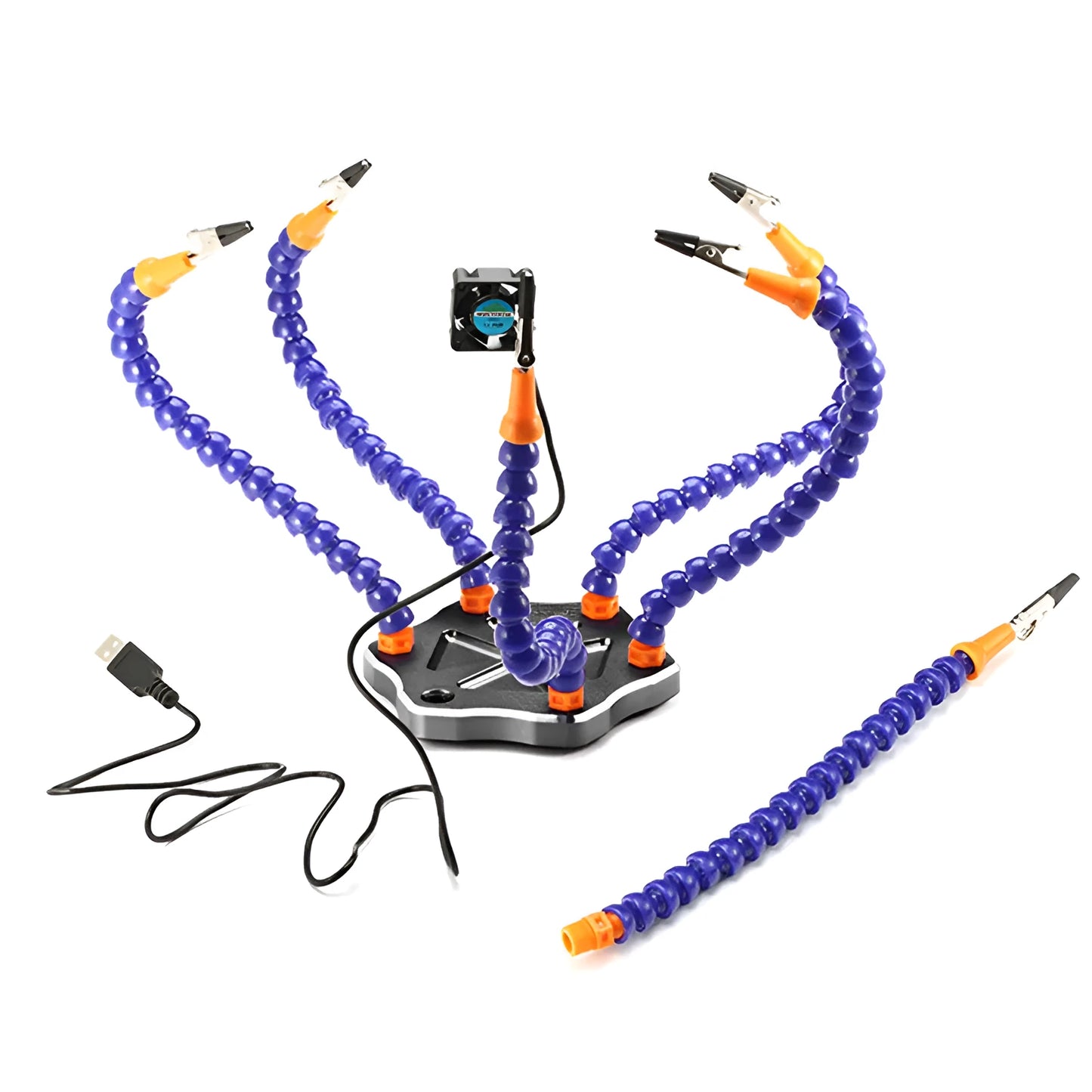 Black aluminium six-jaw welding station with seven adjustable arms and a rotating chuck for model repair soldering.