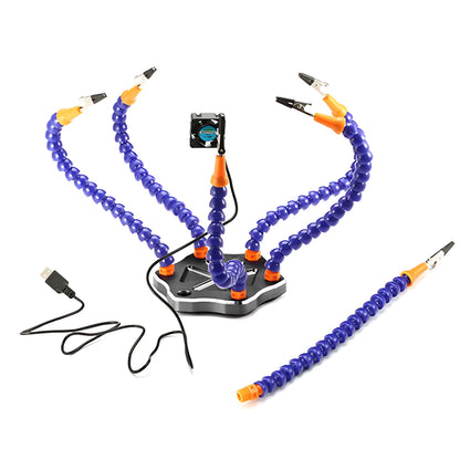 Black aluminium six-jaw welding station with seven adjustable arms and a rotating chuck for model repair soldering.