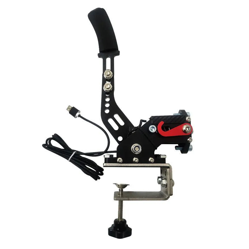 Black USB handbrake controller for PC racing games with a metal mounting clamp.