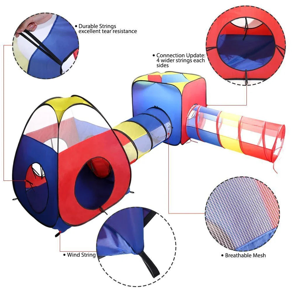 Foldable kids play house with a tent, ball pit, and tunnel for indoor and outdoor fun