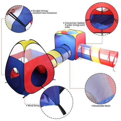 Foldable kids play house with a tent, ball pit, and tunnel for indoor and outdoor fun