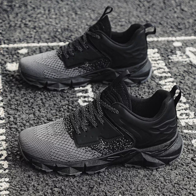 Men's breathable outdoor mountaineering sneakers in gray, blue, and navy blue