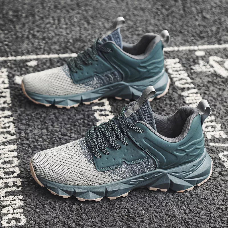 Men's breathable outdoor mountaineering sneakers in gray, blue, and navy blue