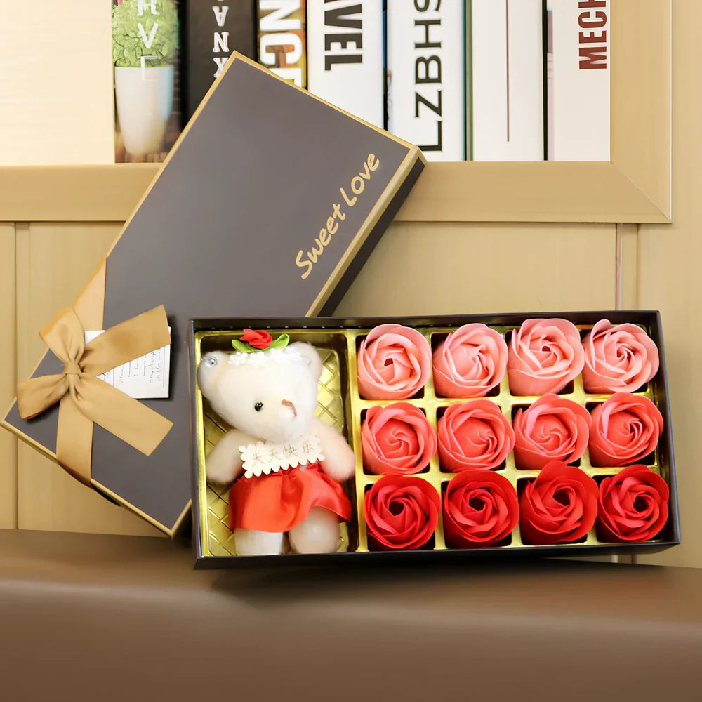 Handmade bouquet of 18 pink gradient rose soap flowers with smooth petals for hand cleansing and decoration