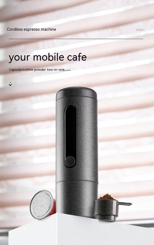 Portable coffee machine compact 60x60x187mm dimensions with one-button operation for travel brewing