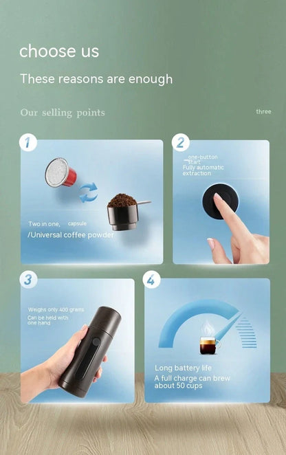 Portable coffee machine compact 60x60x187mm dimensions with one-button operation for travel brewing