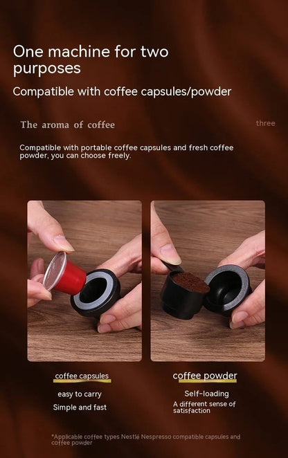 Portable coffee machine compact 60x60x187mm dimensions with one-button operation for travel brewing