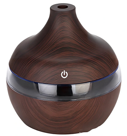 Yellow wood grain USB humidifier measuring 110x110mm with 300ml water tank and LED lighting