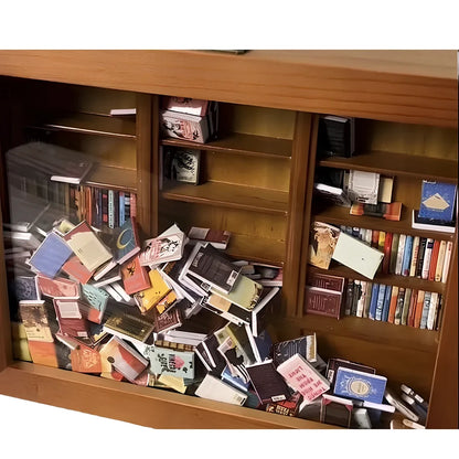 Wooden antique finish bookshelf ornament with 200 small books, 25.4 cm tall for decompression