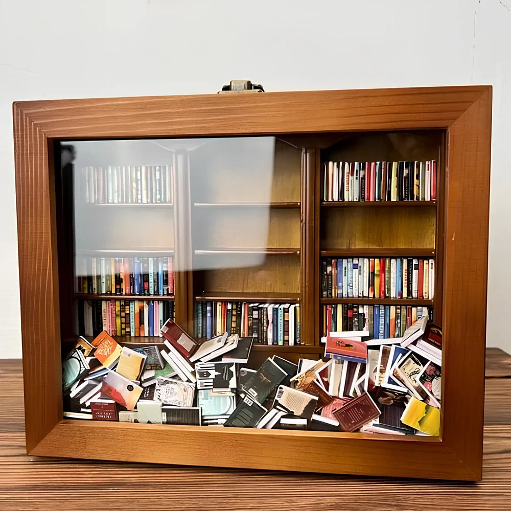 Wooden antique finish bookshelf ornament with 200 small books, 25.4 cm tall for decompression