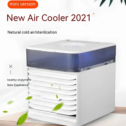 Desktop air conditioner fan with USB cable and water tank showing 7-colour LED lighting and mechanical control dial