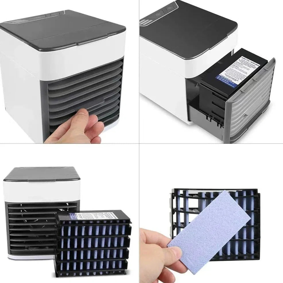 Desktop air conditioner fan with USB cable and water tank showing 7-colour LED lighting and mechanical control dial
