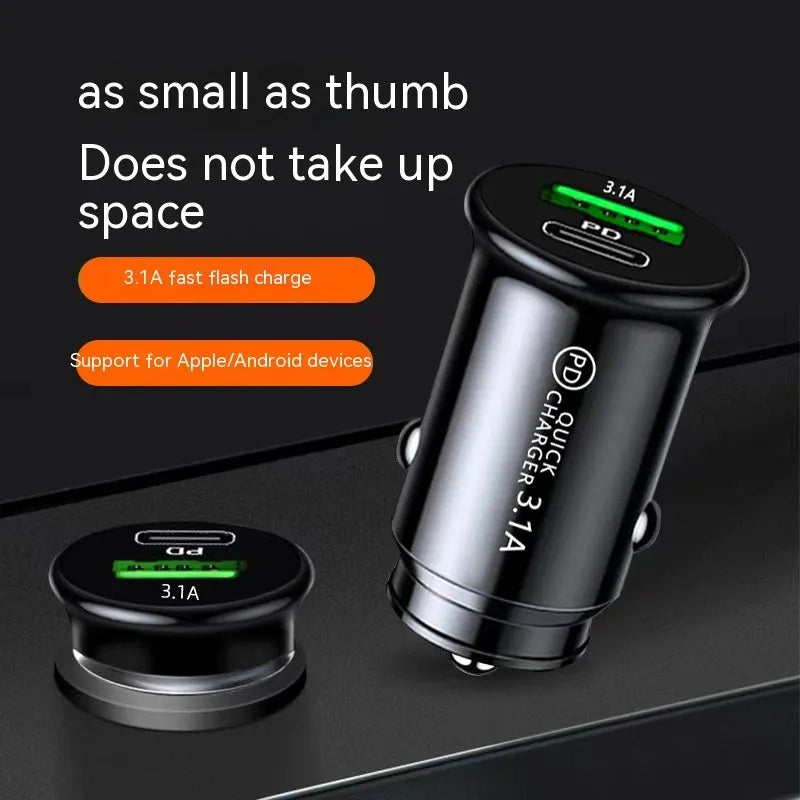 Black and white dual USB port car charger for vehicle cigarette lighter socket.