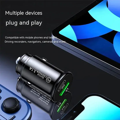 Black and white dual USB port car charger for vehicle cigarette lighter socket.