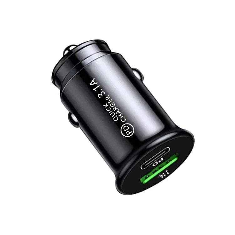 Black and white dual USB port car charger for vehicle cigarette lighter socket.