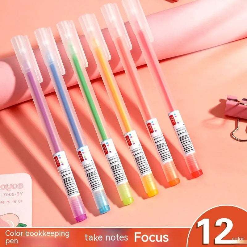 Boxed set of twelve coloured gel pens with 0.5 mm fine tips for journal and office stationery