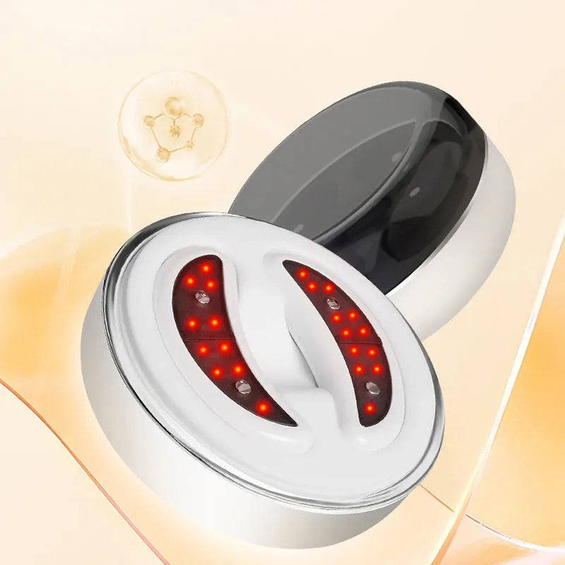 BIO9 eye massager with red light and EMS pulse modes, shown with included gel eye masks