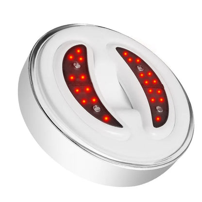 BIO9 eye massager with red light and EMS pulse modes, shown with included gel eye masks
