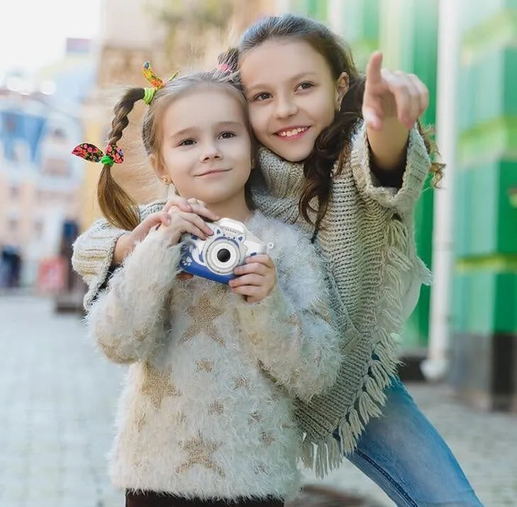 HD cartoon children's digital camera in blue or orange with 2-inch screen and lanyard