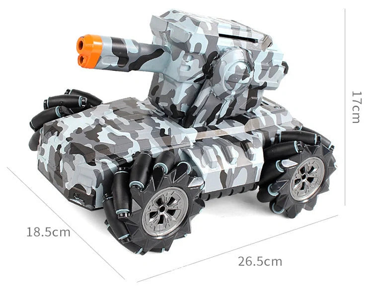 Black and yellow remote control armoured assault vehicle on rocky terrain with dimensions 26.5cm long