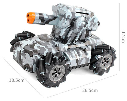 Black and yellow remote control armoured assault vehicle on rocky terrain with dimensions 26.5cm long