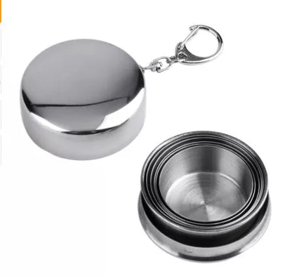 Stainless steel travel collapsible cup with key ring, perfect for outdoor adventures