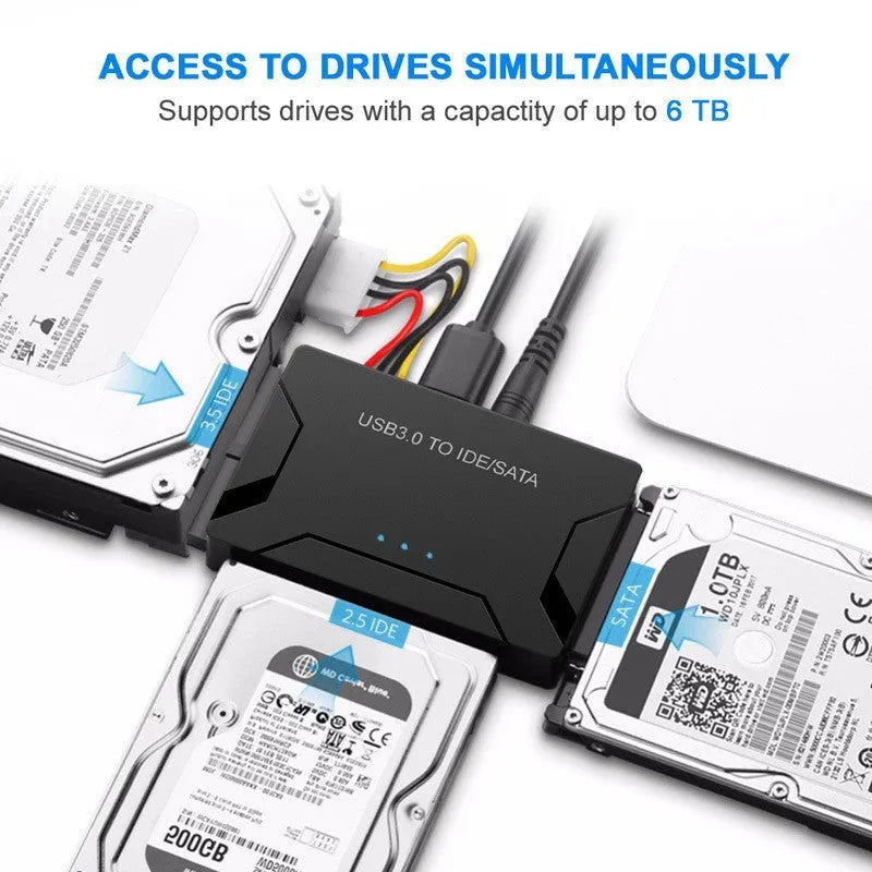 USB to IDE and SATA hard disk adapter with power supply and cables for desktop drive connectivity