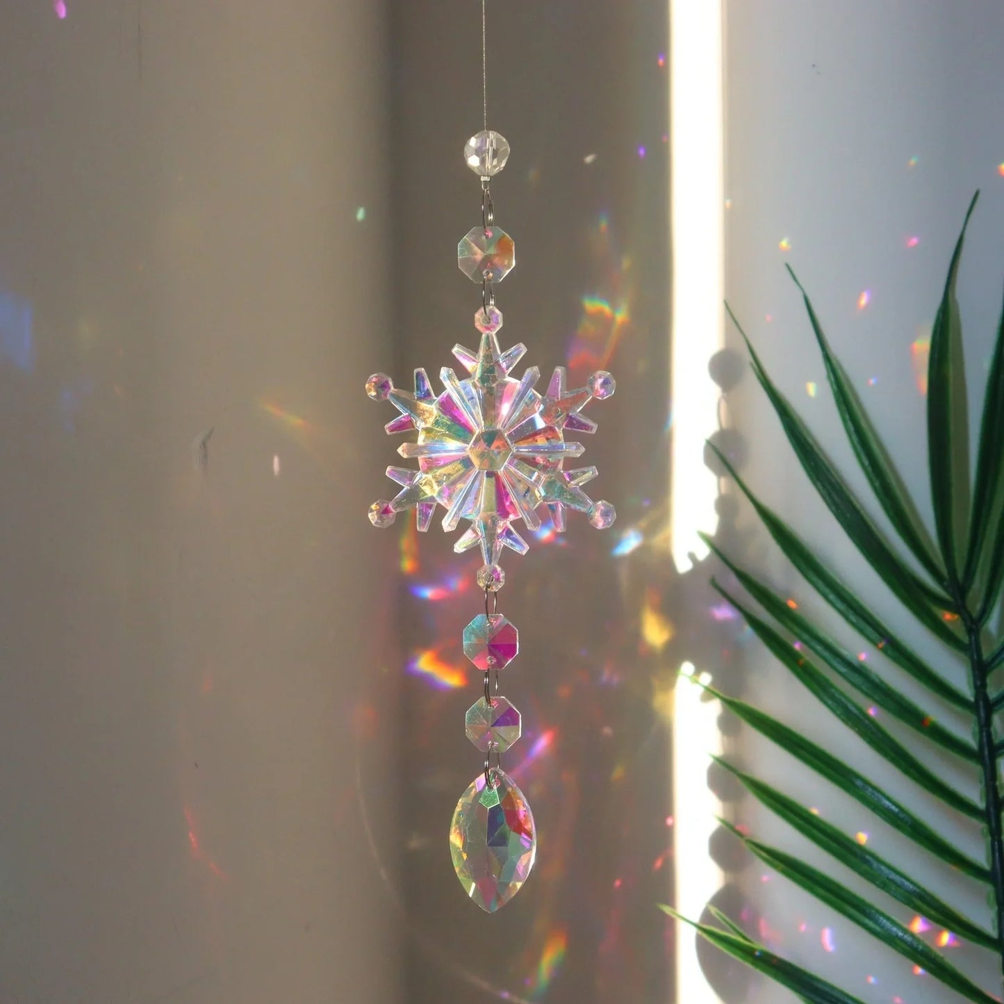 Christmas tree decoration dreamcatcher with AB colour acrylic snowflakes in multiple sizes and shapes