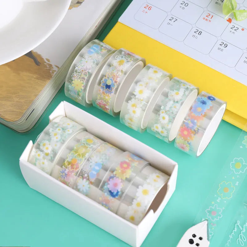 Five rolls of transparent Midsummer Daisy decorative adhesive tape for diary decoration