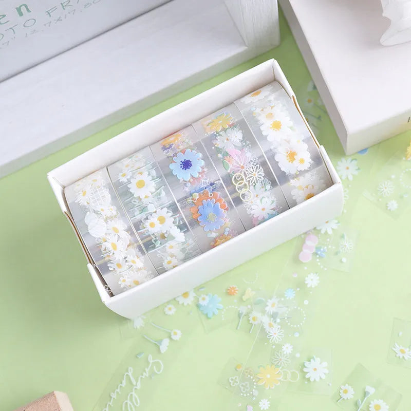Five rolls of transparent Midsummer Daisy decorative adhesive tape for diary decoration