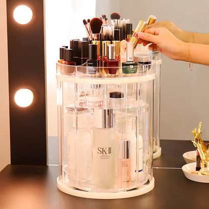 Transparent rotating cosmetics storage rack with skincare bottles organised on 360-degree rotating mechanism