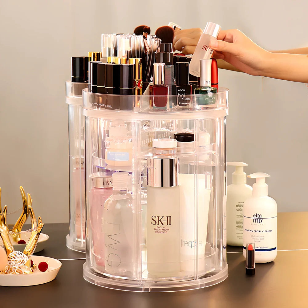 Transparent rotating cosmetics storage rack with skincare bottles organised on 360-degree rotating mechanism